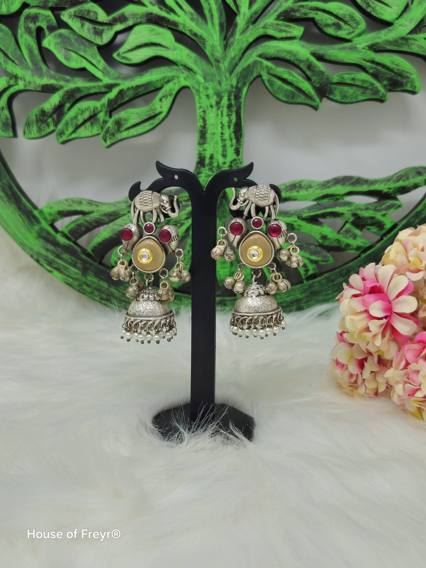 Oxidized Silver Jhumki Earrings with Elephant Motif