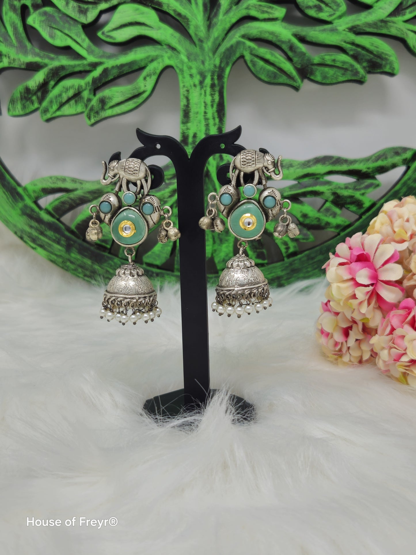 Oxidized Silver Jhumki Earrings with Elephant Motif