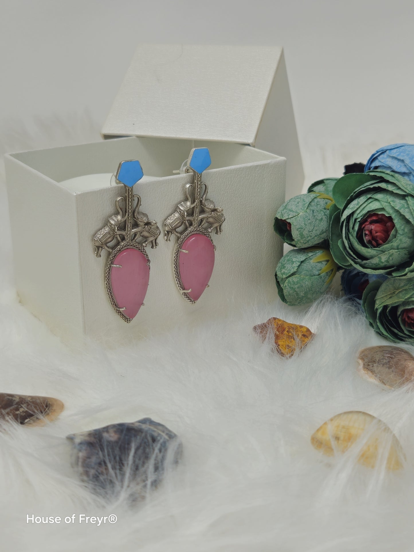 Antique Silver Elephant Motif Earrings with Bold Stones