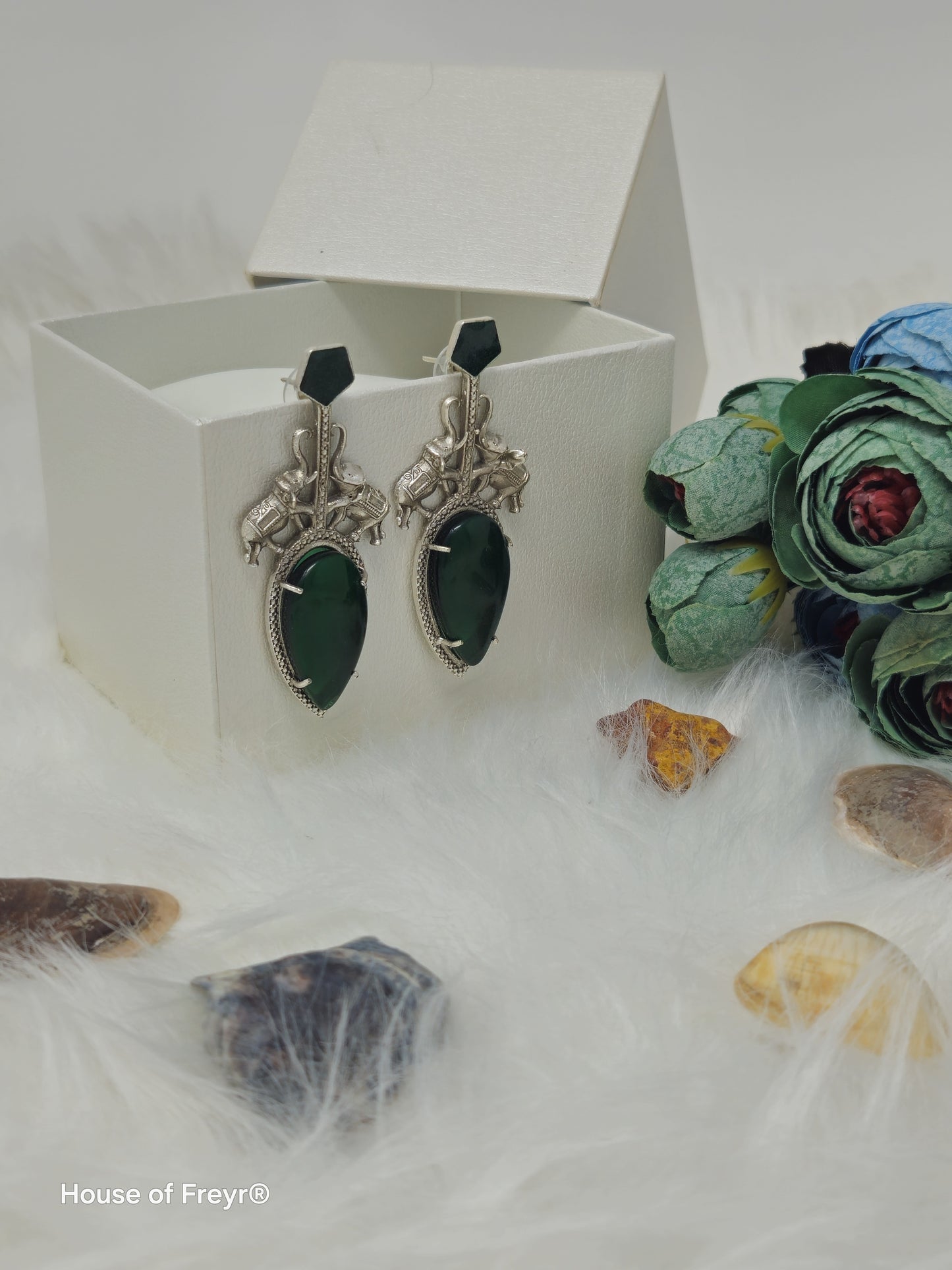 Antique Silver Elephant Motif Earrings with Bold Stones