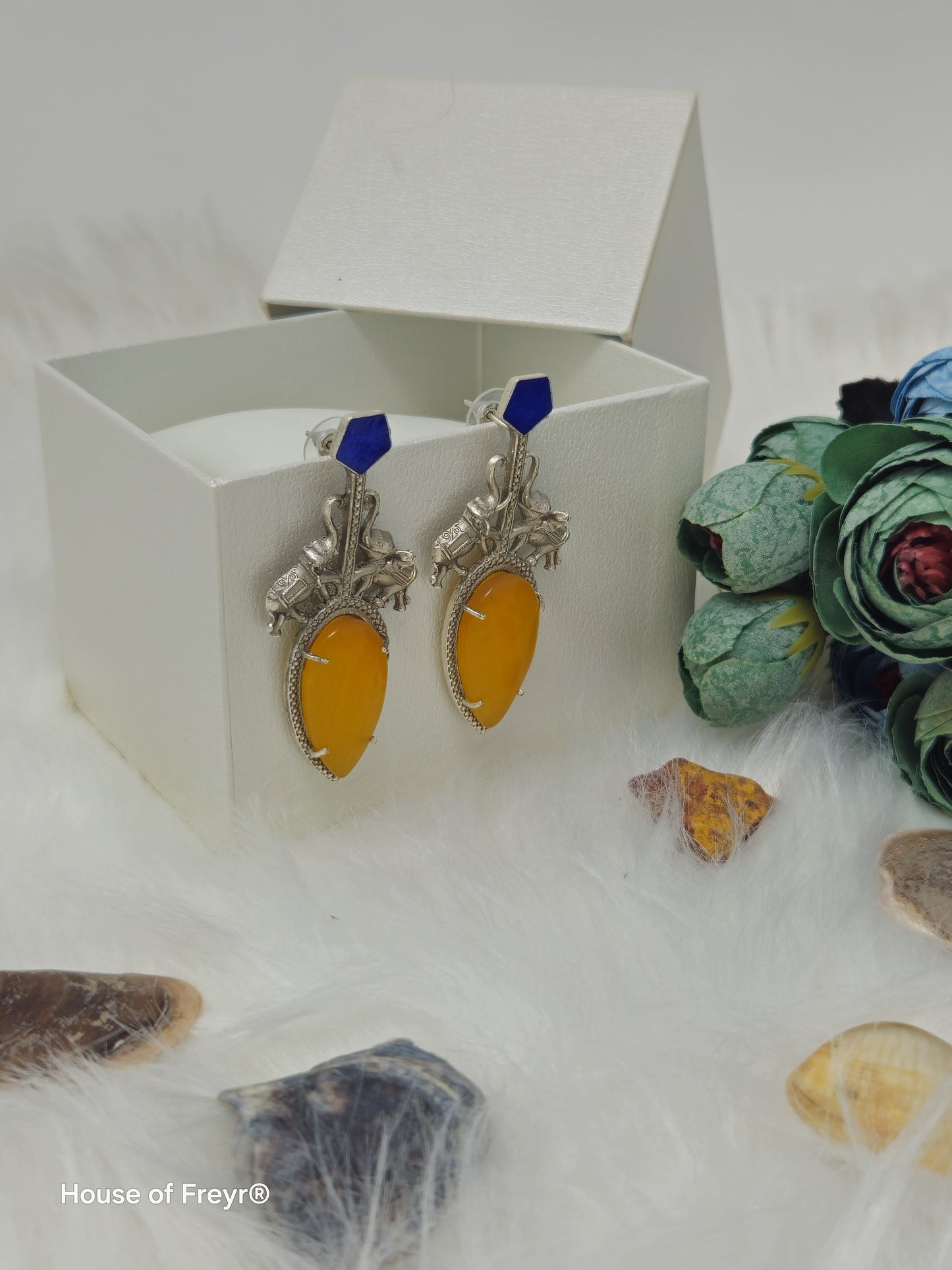 Antique Silver Elephant Motif Earrings with Bold Stones
