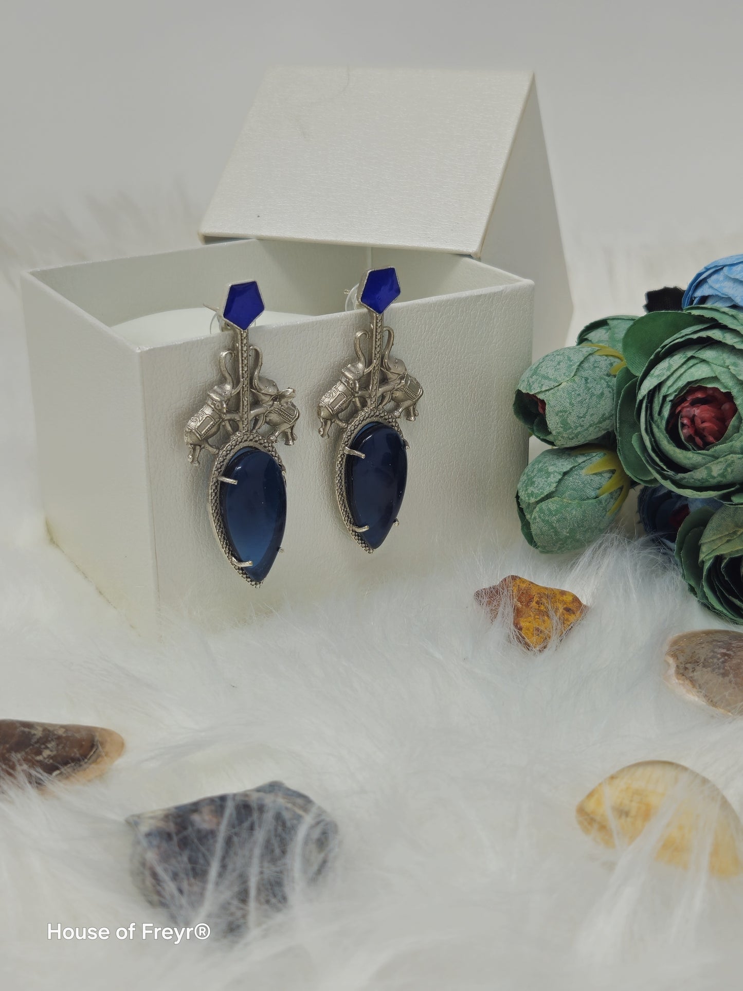 Antique Silver Elephant Motif Earrings with Bold Stones