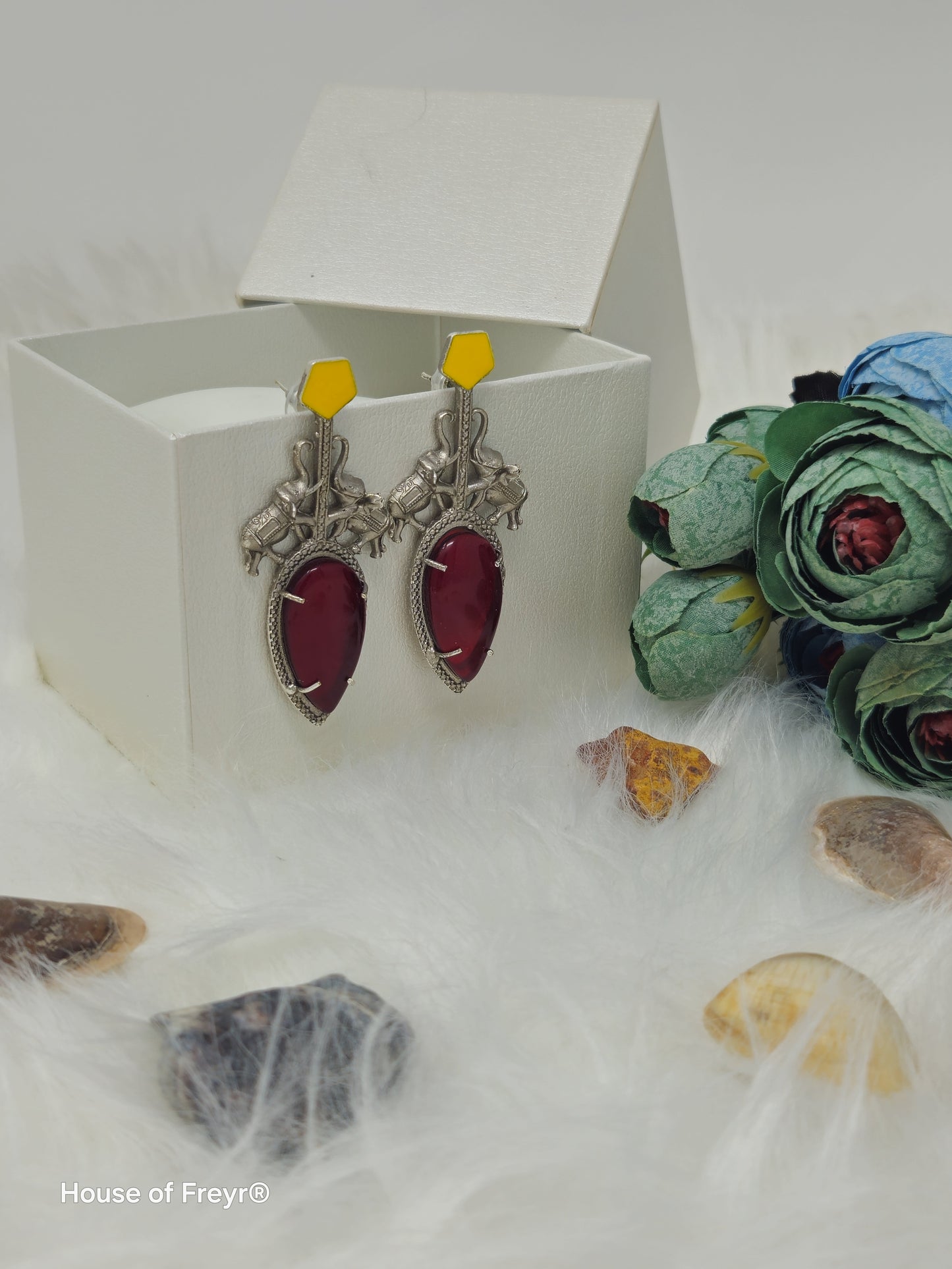 Antique Silver Elephant Motif Earrings with Bold Stones