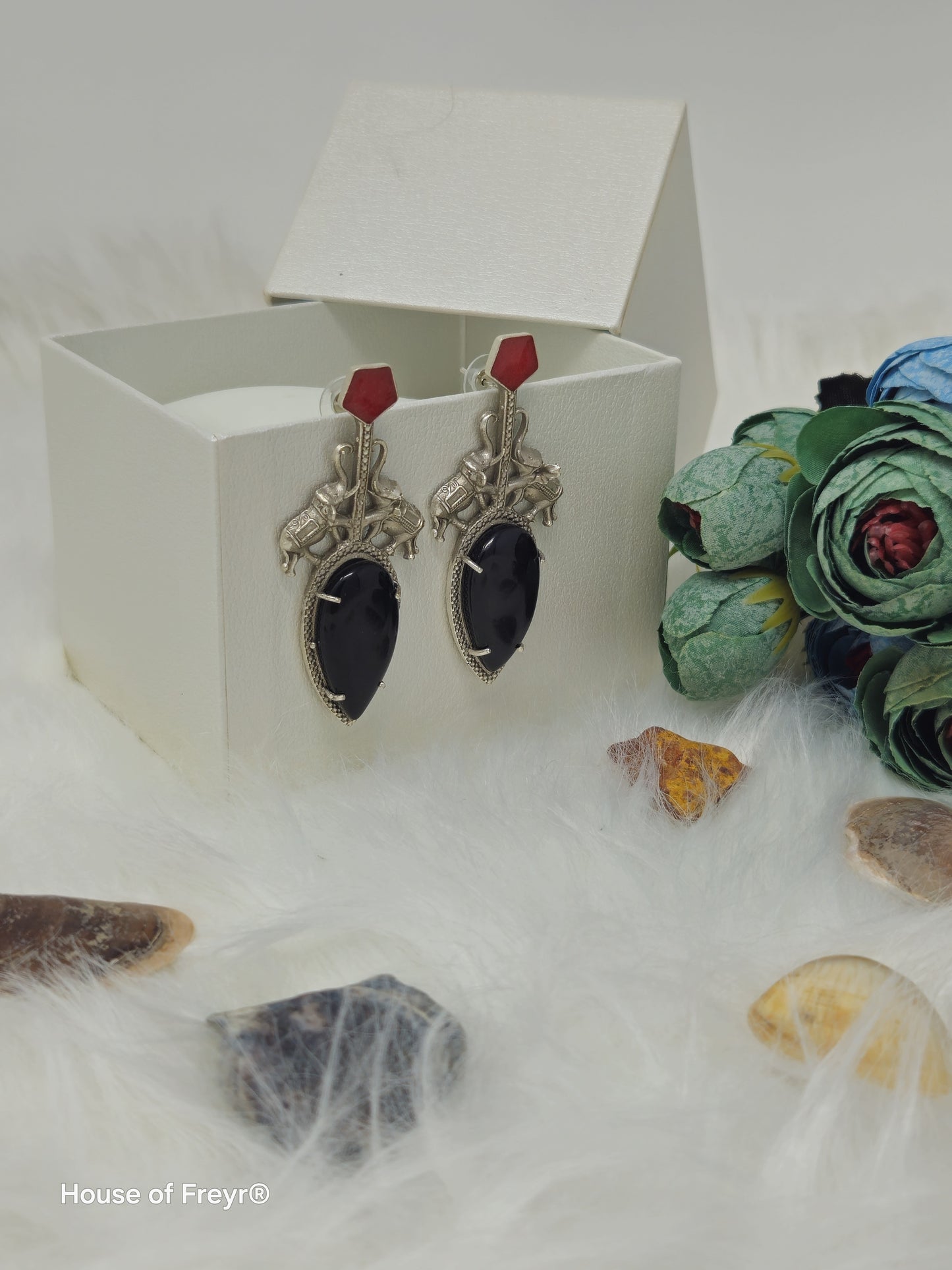 Antique Silver Elephant Motif Earrings with Bold Stones