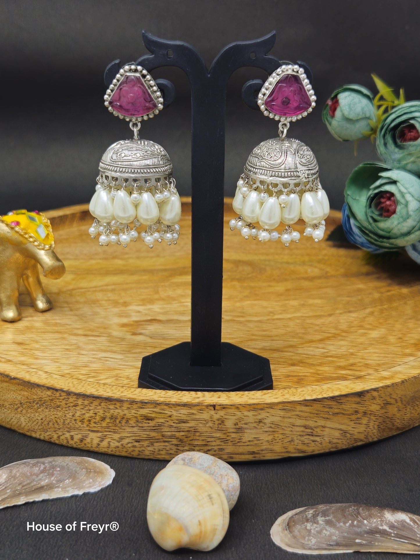 Carved Stud Jhumka Earrings