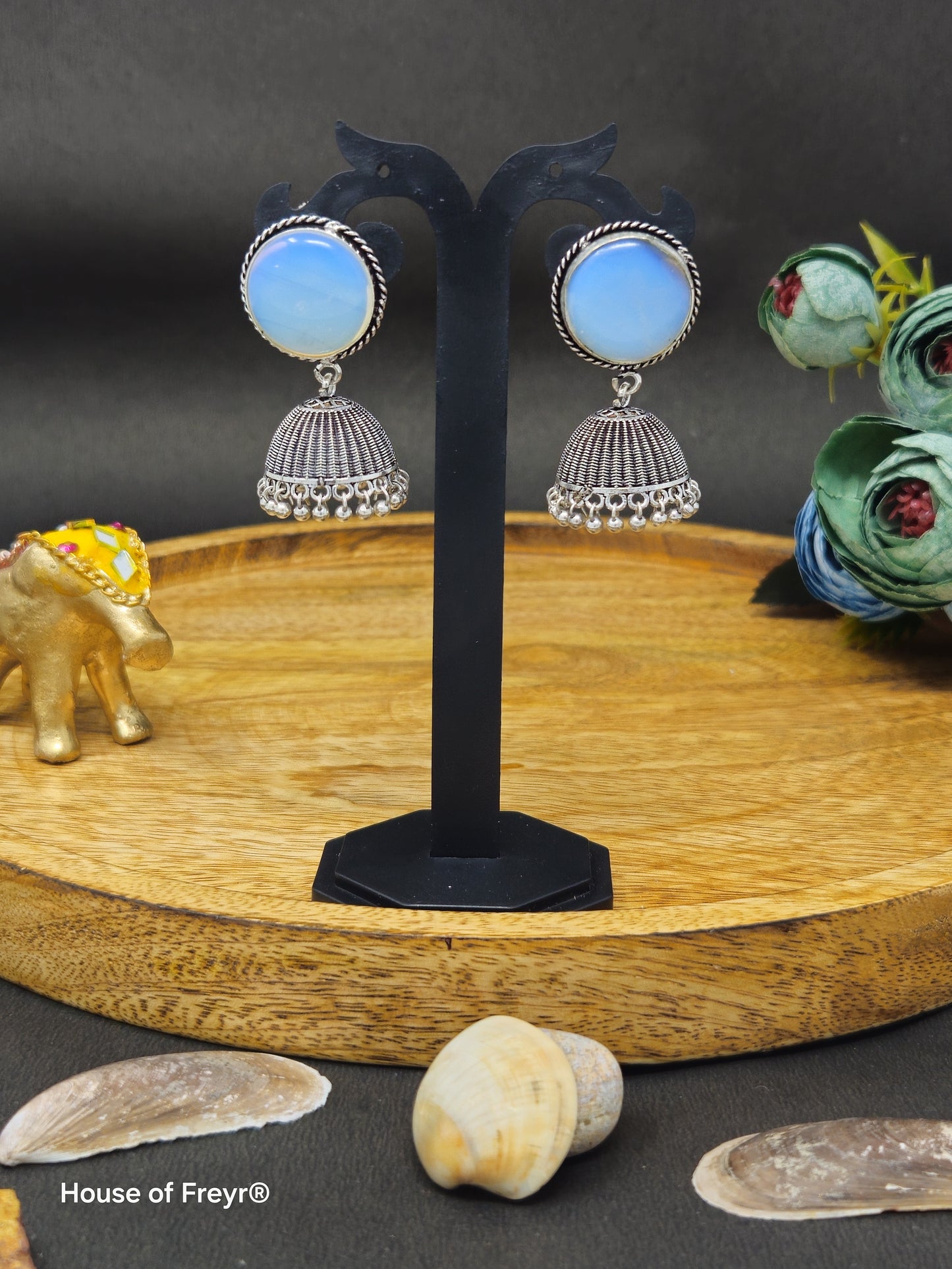 Antique Silver Jhumki with Stone Stud Earrings