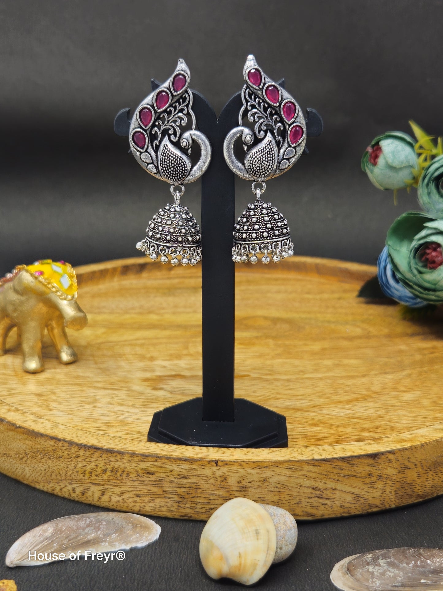 Antique Silver Peacock Jhumki Earrings