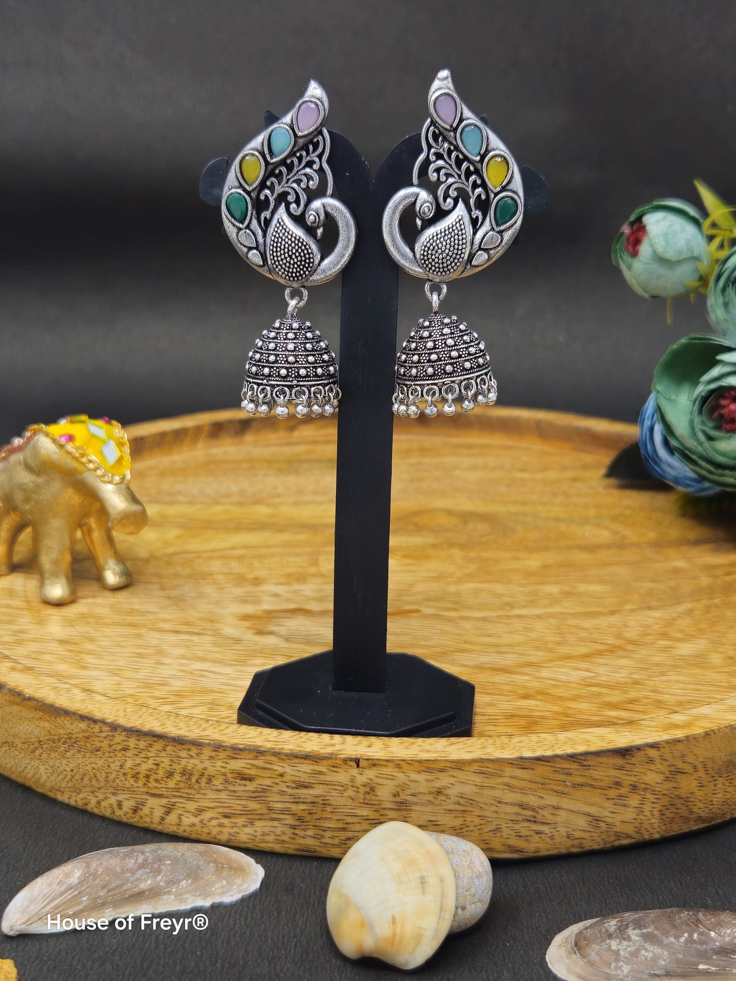 Antique Silver Peacock Jhumki Earrings