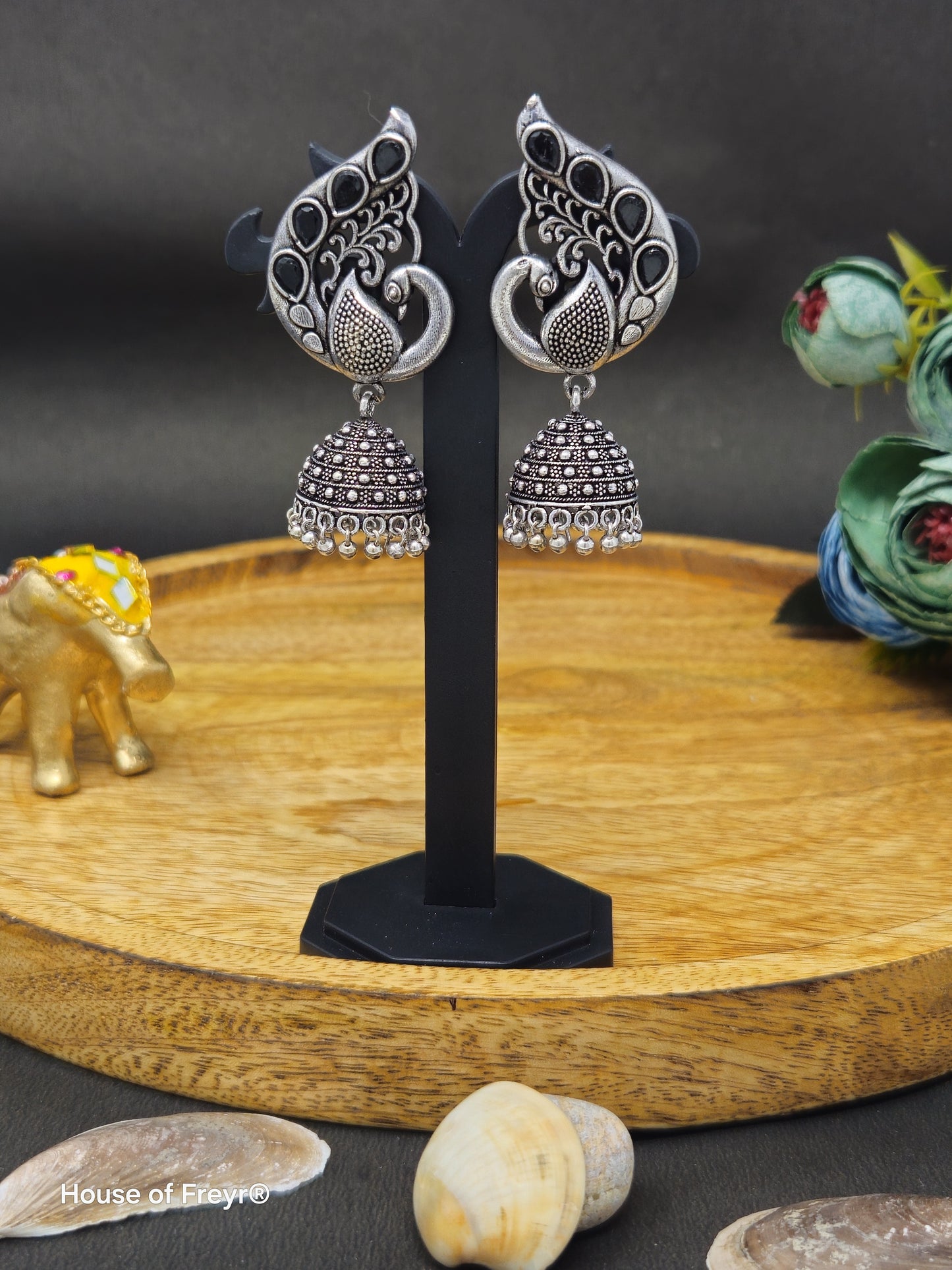 Antique Silver Peacock Jhumki Earrings