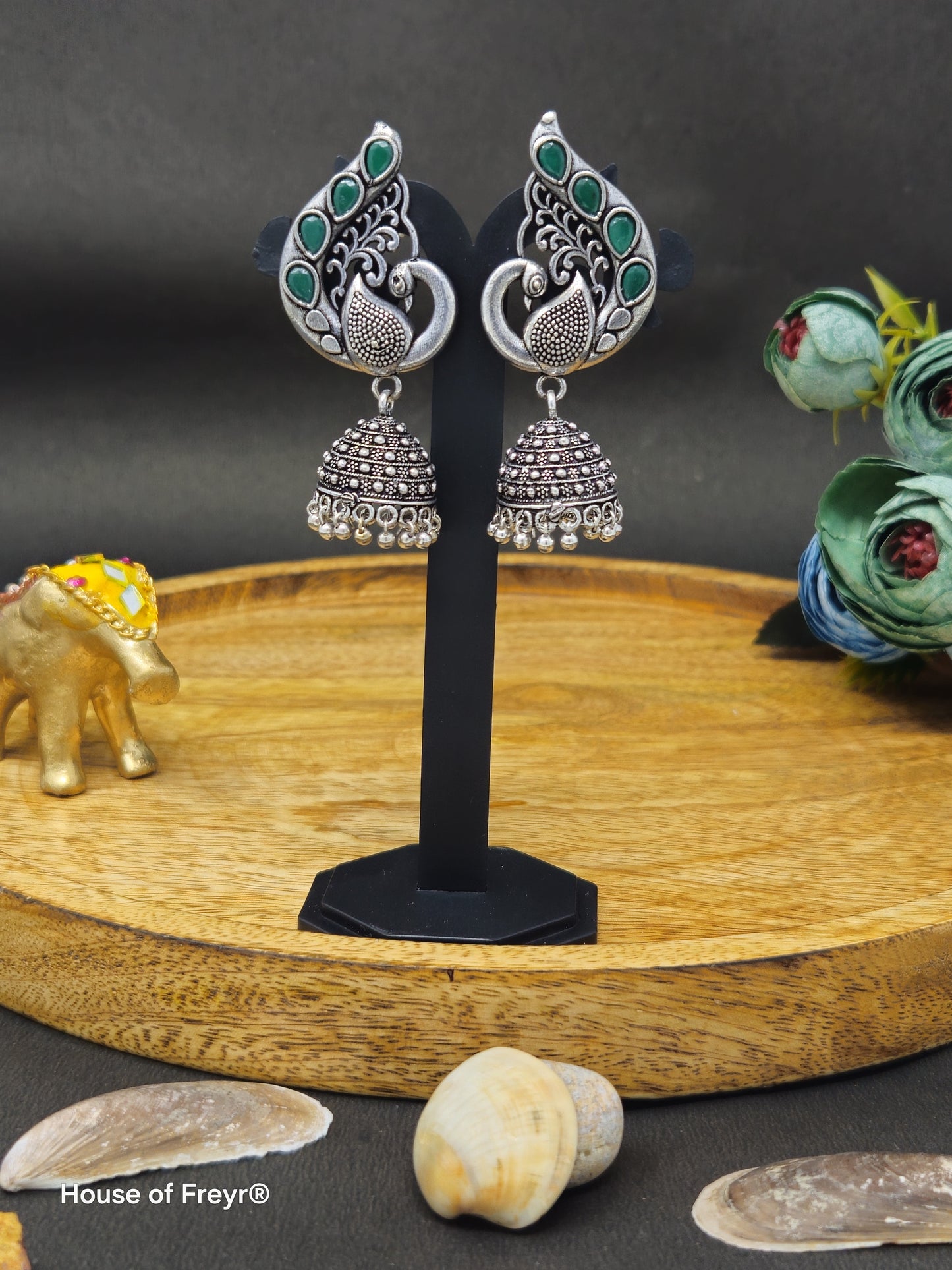 Antique Silver Peacock Jhumki Earrings
