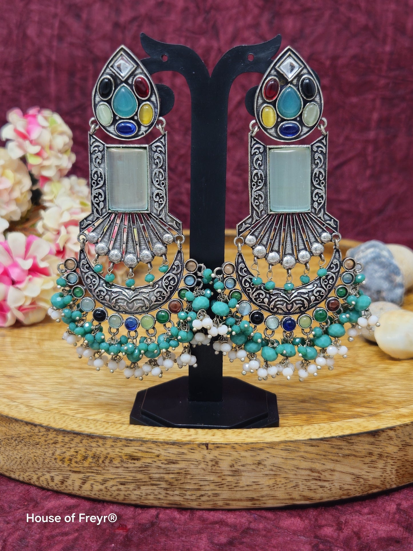 Vibrant Multicolor Gemstone Oxidized Silver Dangler Earrings