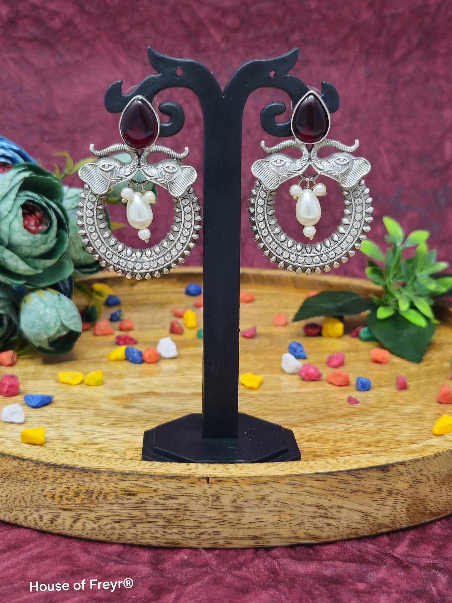 Antique Silver Elephant Motif Chandbali Earrings