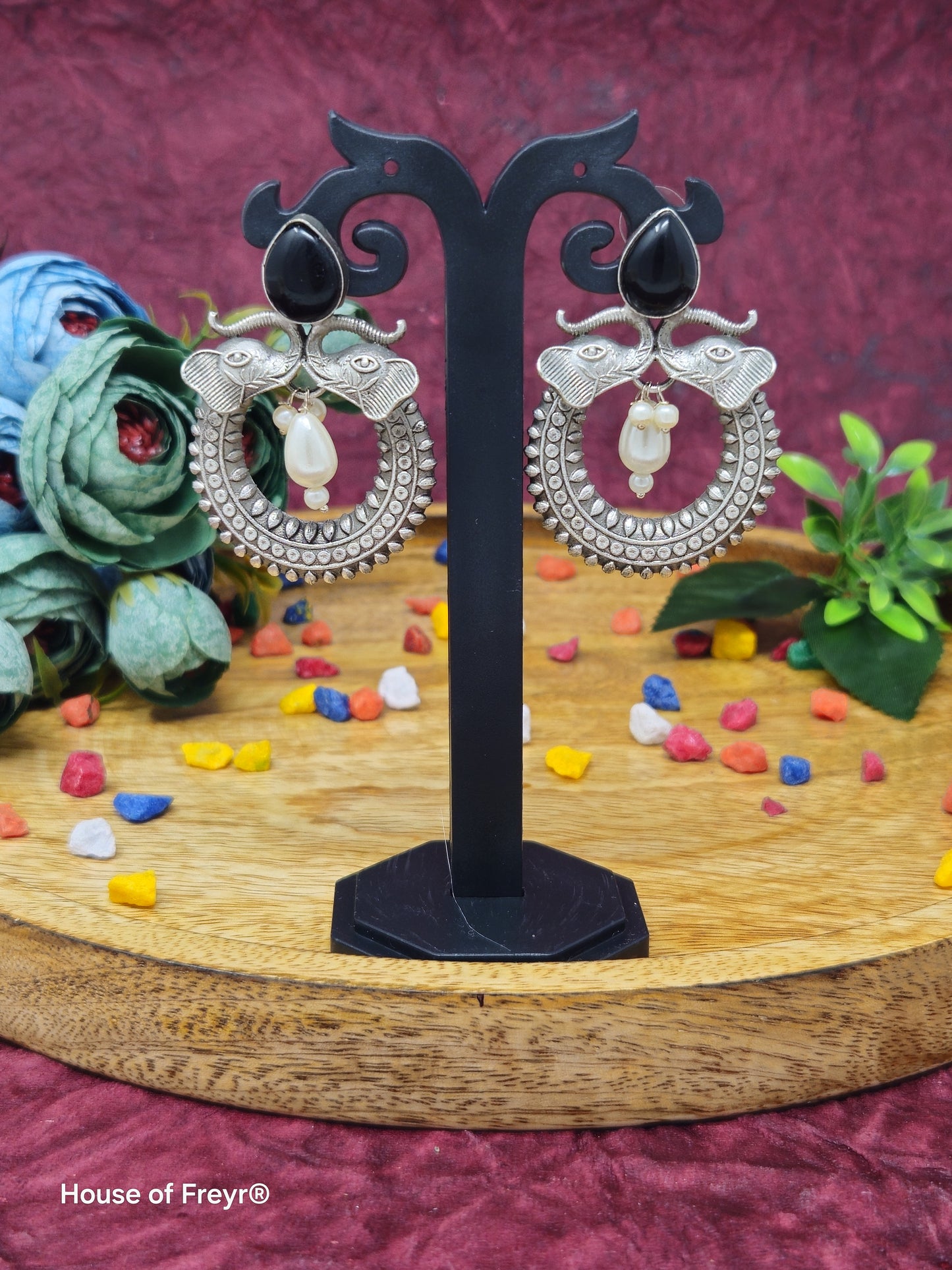 Antique Silver Elephant Motif Chandbali Earrings