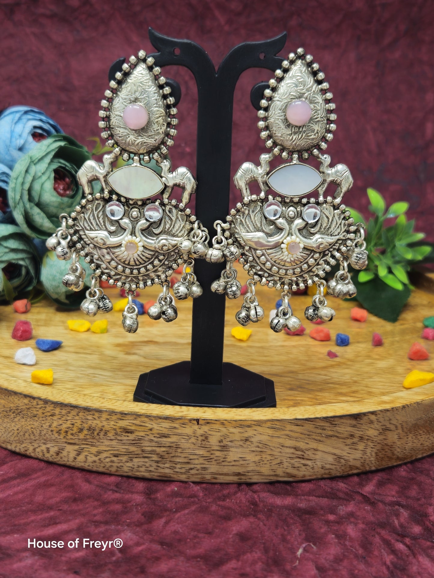 Silver Dangler Earrings with Stone and Mother of Pearls