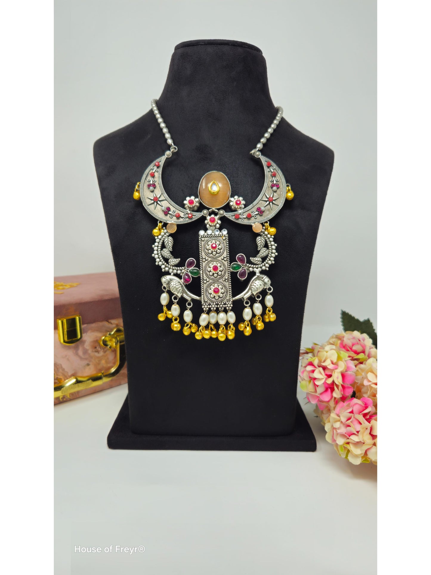 Oxidized Crescent Pendant Necklace with Yellow & Pearl Tassels