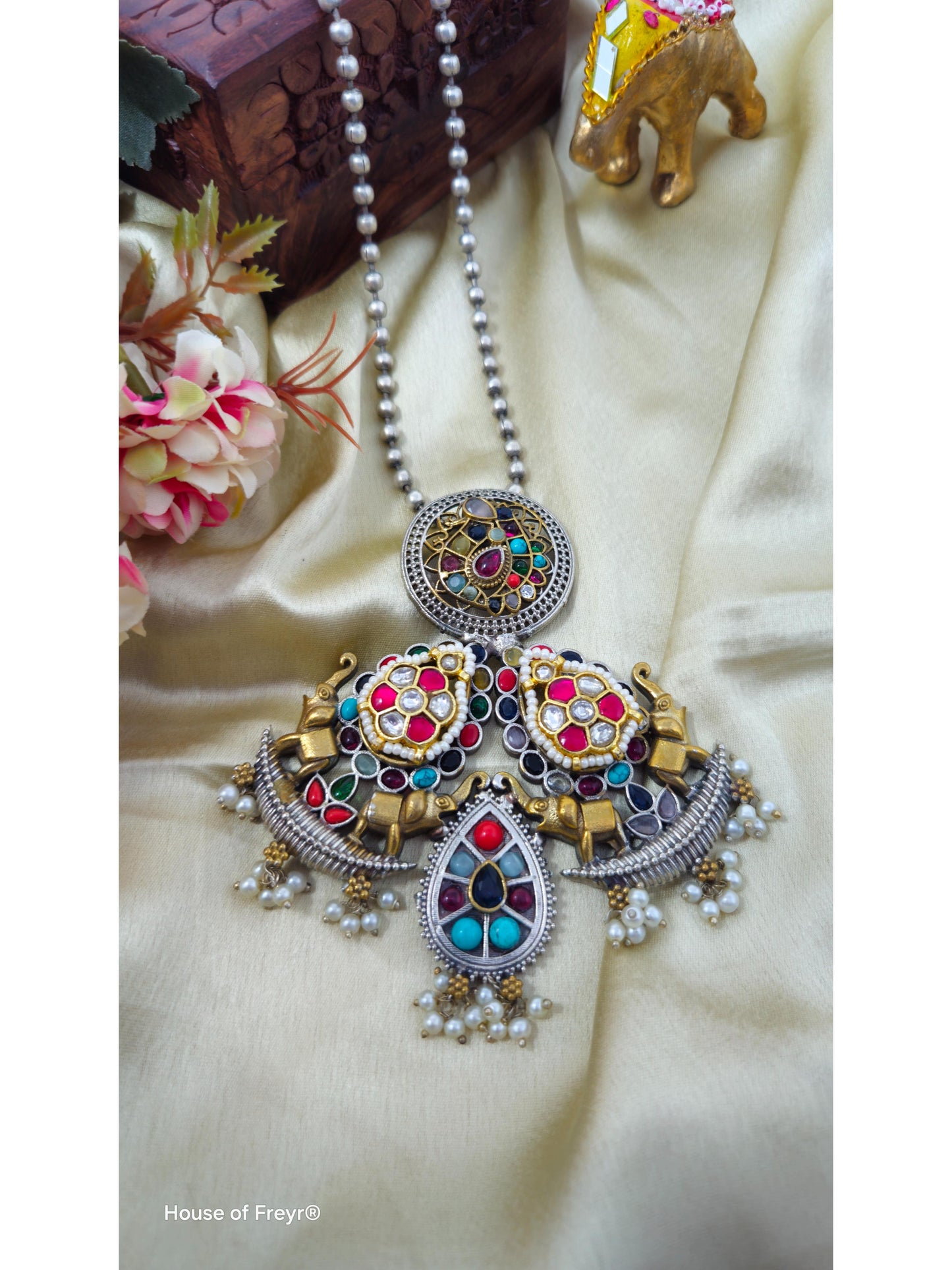 Boho Tribal Oxidized Necklace Set with Elephant Motifs & Multicolor Stones
