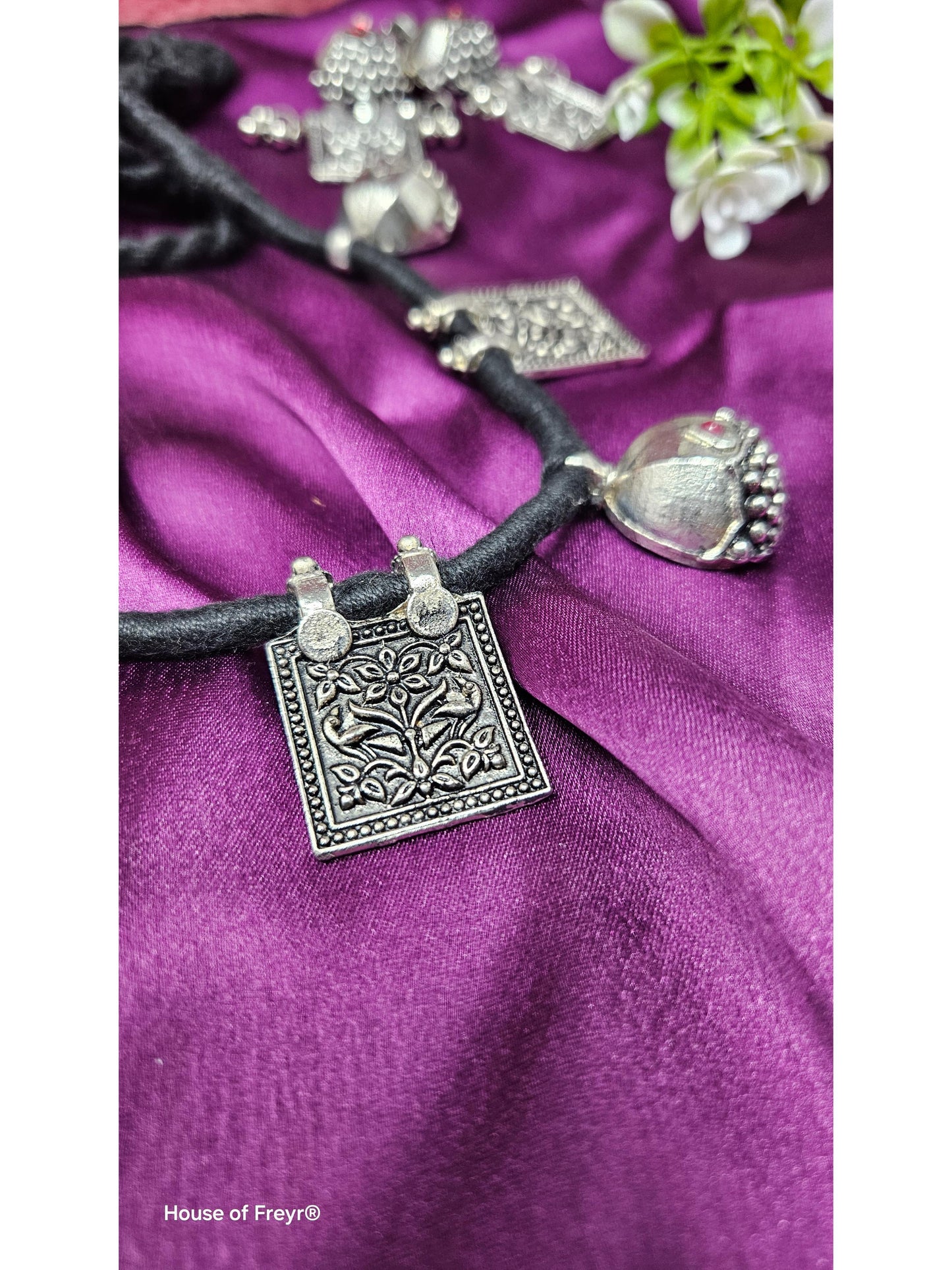 Rustic Oxidized Silver Necklace Set with Square Floral Motifs & Ghungroo