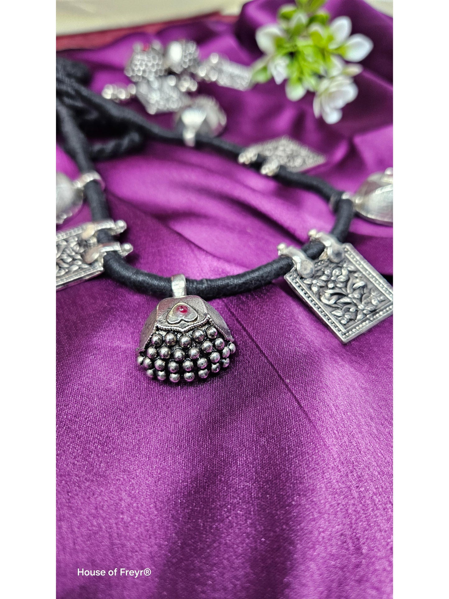 Rustic Oxidized Silver Necklace Set with Square Floral Motifs & Ghungroo