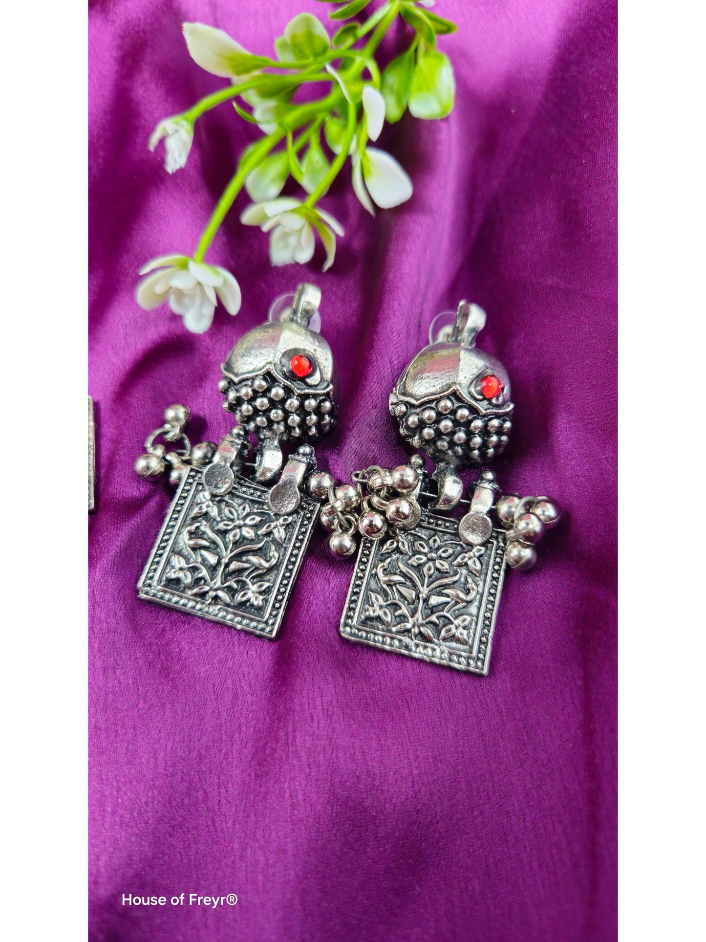Rustic Oxidized Silver Necklace Set with Square Floral Motifs & Ghungroo