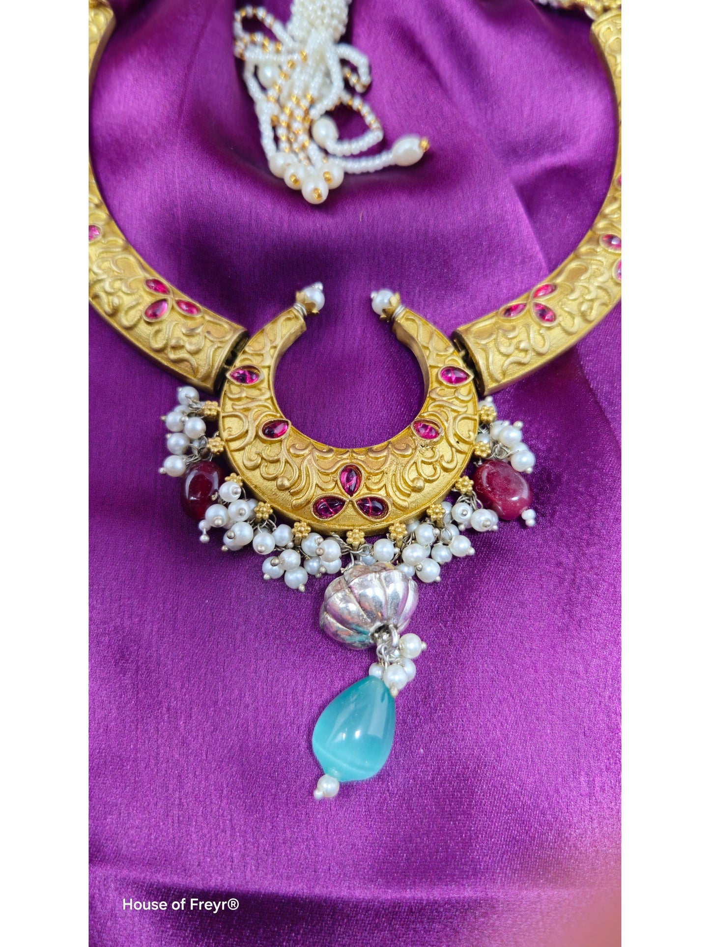 Heritage Antique Gold Necklace Set with Ruby Stones & Pearl Embellishments