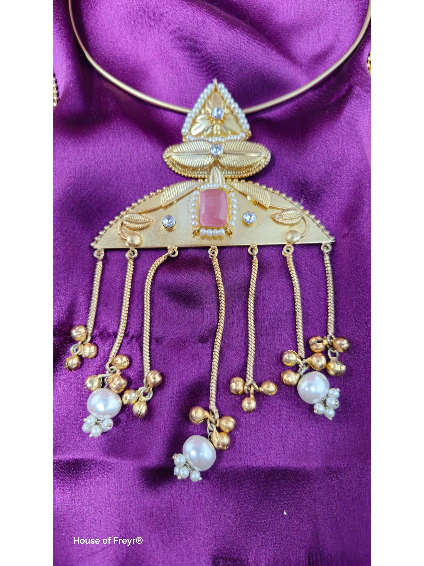 Tribal-Inspired Collar Necklace Set with Pink Stone & Pearl Tassels