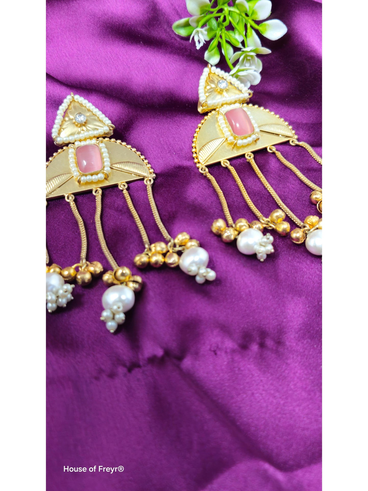 Tribal-Inspired Collar Necklace Set with Pink Stone & Pearl Tassels