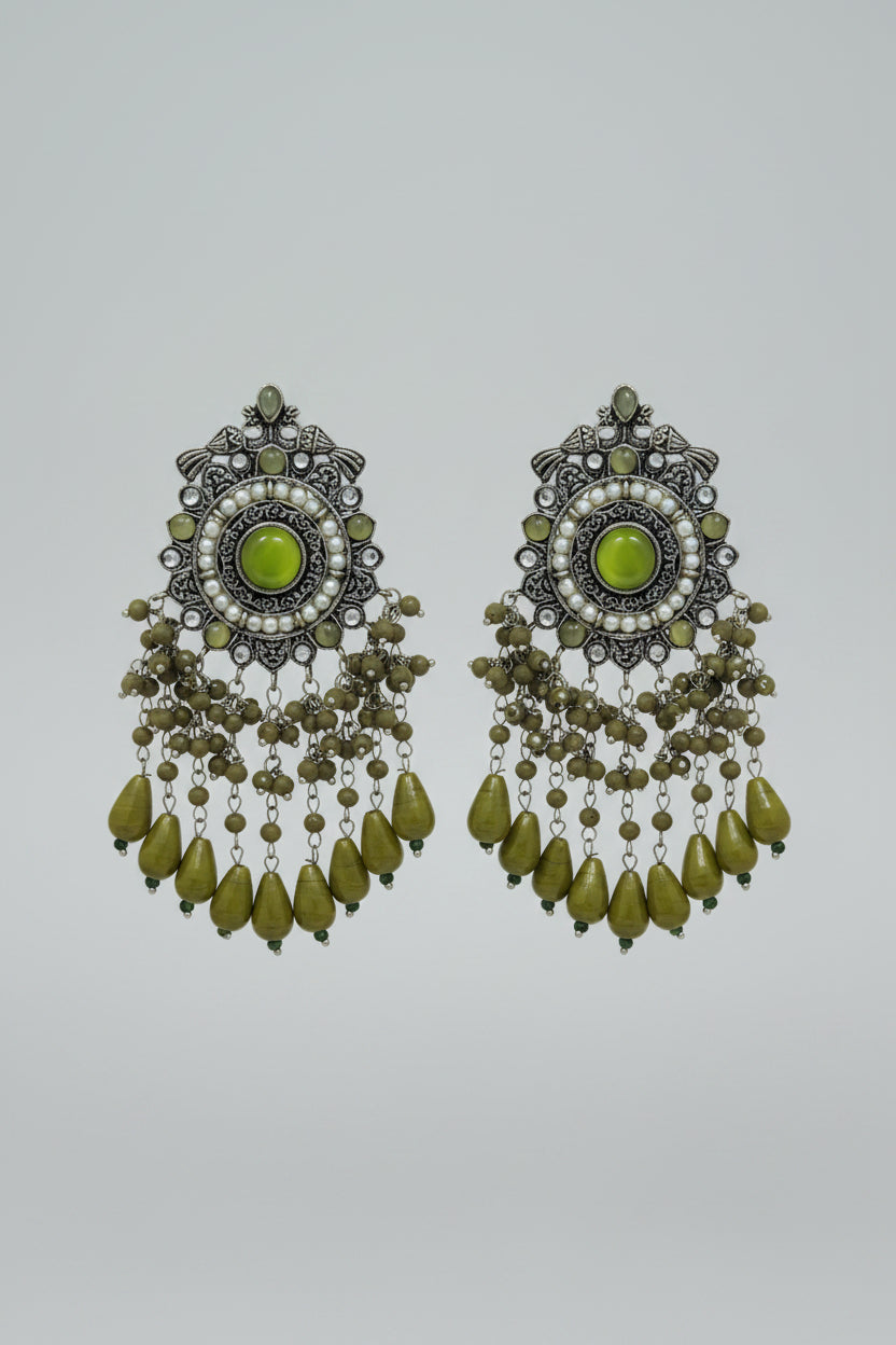 Premium Oxidised party and festival silver dangler earrings with olive colored beads and pearls