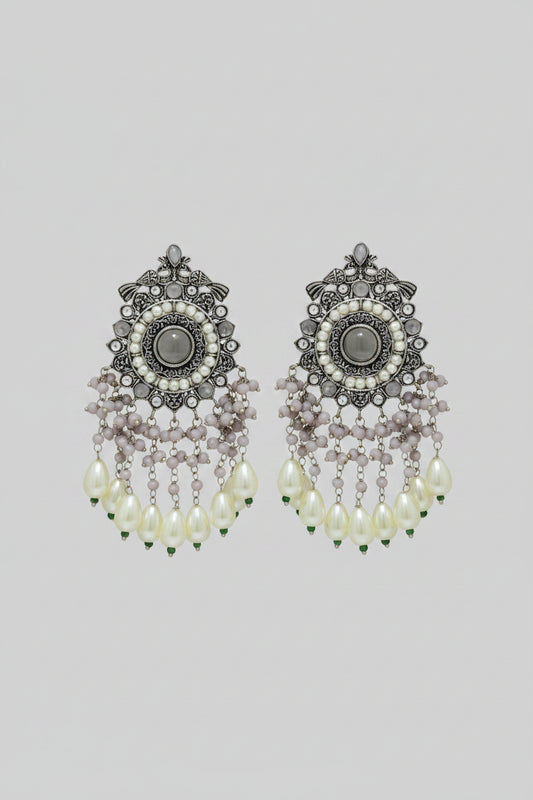 Premium Oxidised party and festival silver dangler earrings with Ivory colored beads and pearls