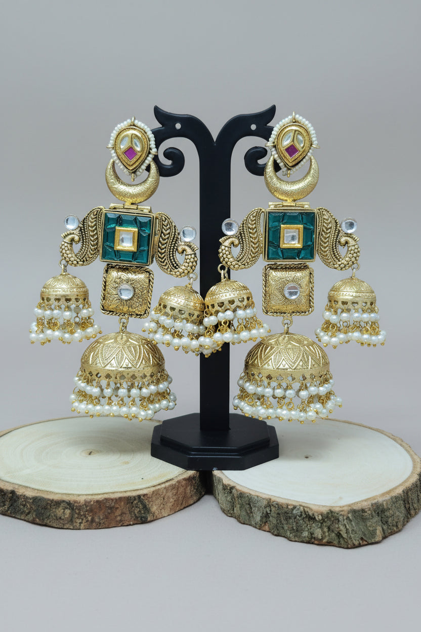 Premium Gold Kundan triple jhumka earring with green Pachi kundan stone