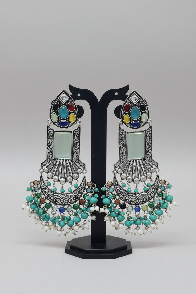 Premium partywear danglers with vibrant multicolor gemstone oxidized silver dangler earrings with turquoise Monalisa stone