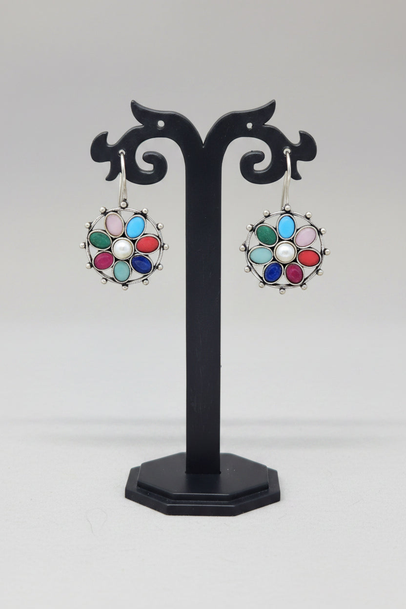 Oxidised Floral drop earring in floral pattern with pearl and navratna gemstones