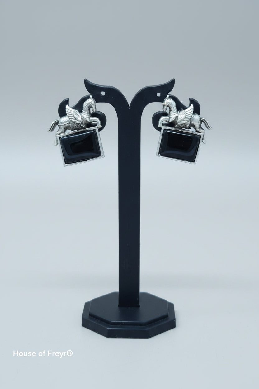 oxidised lucky horse earring with black gemstone