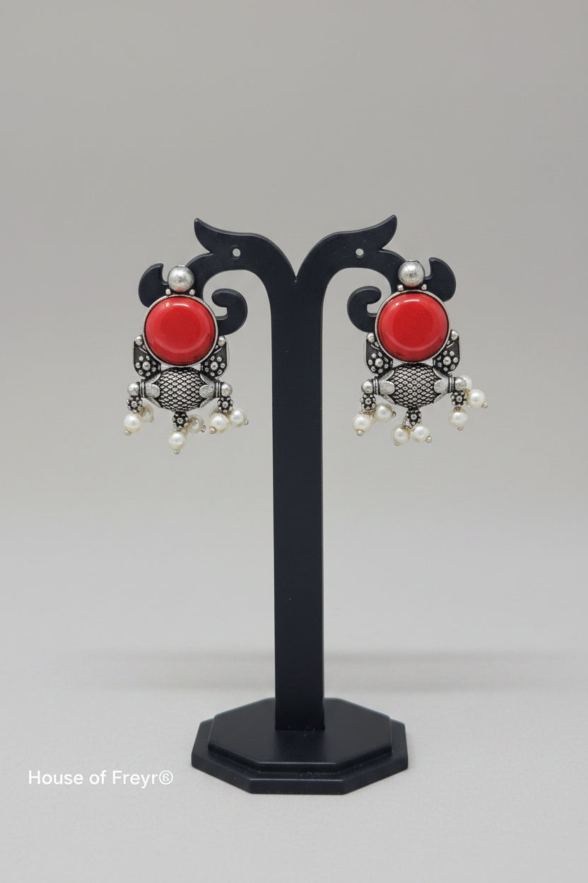 pair of antique oxidised stud earring with red gemstone