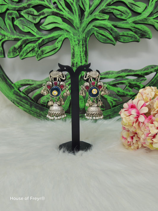 Oxidized Silver Jhumki Earrings with Elephant Motif