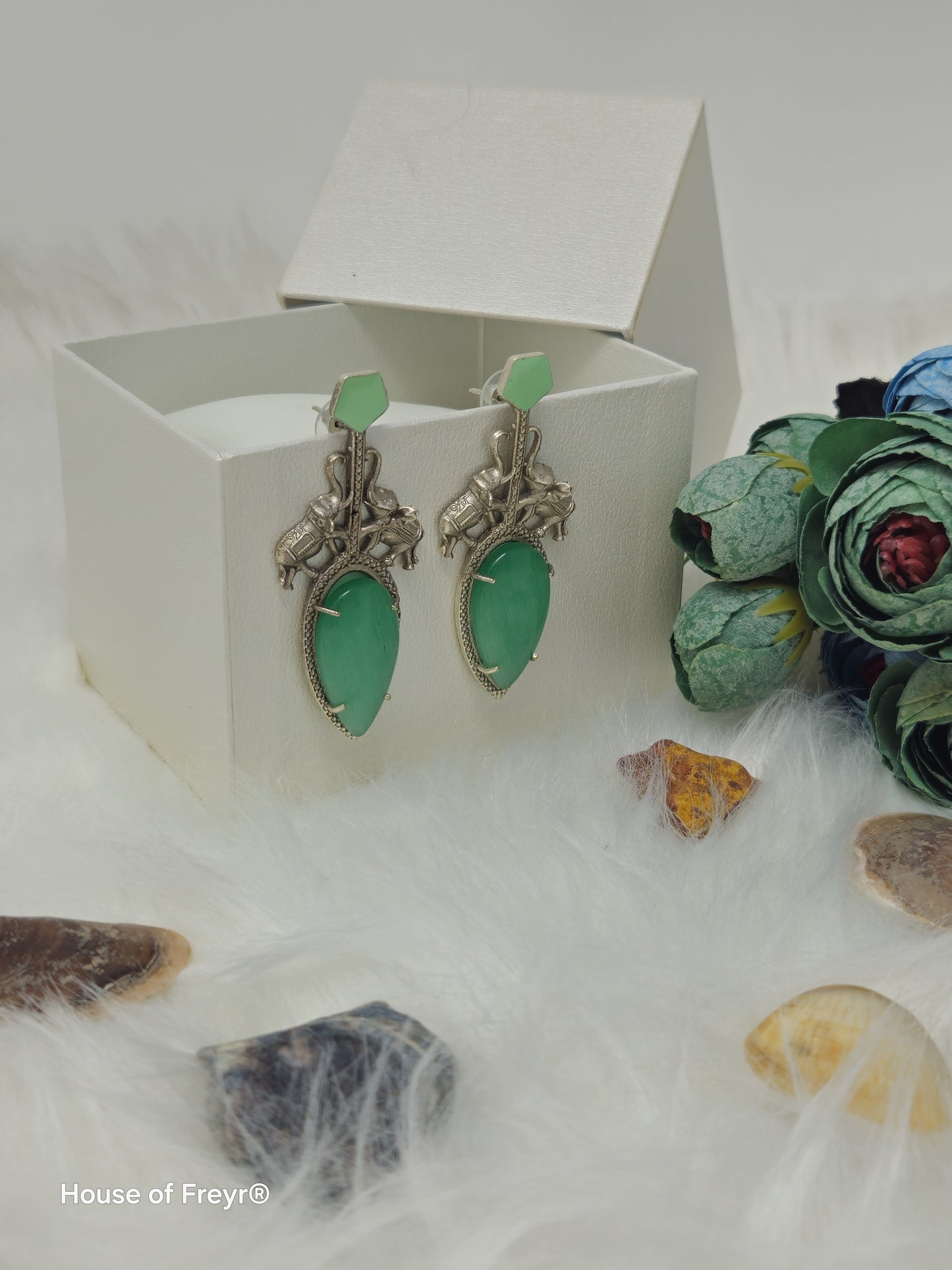 Antique Silver Elephant Motif Earrings with Bold Stones