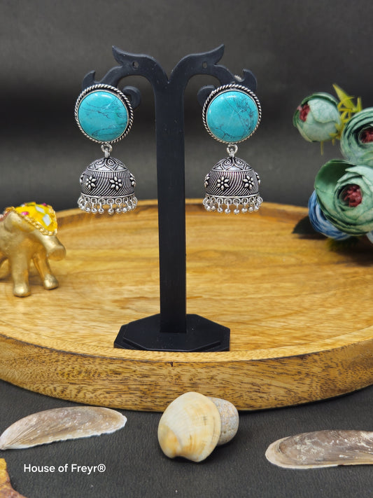 Antique Silver Jhumki with Stone Stud Earrings