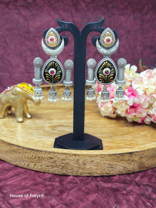 Handcrafted Oxidized Silver Meenakari Jhumki Earring