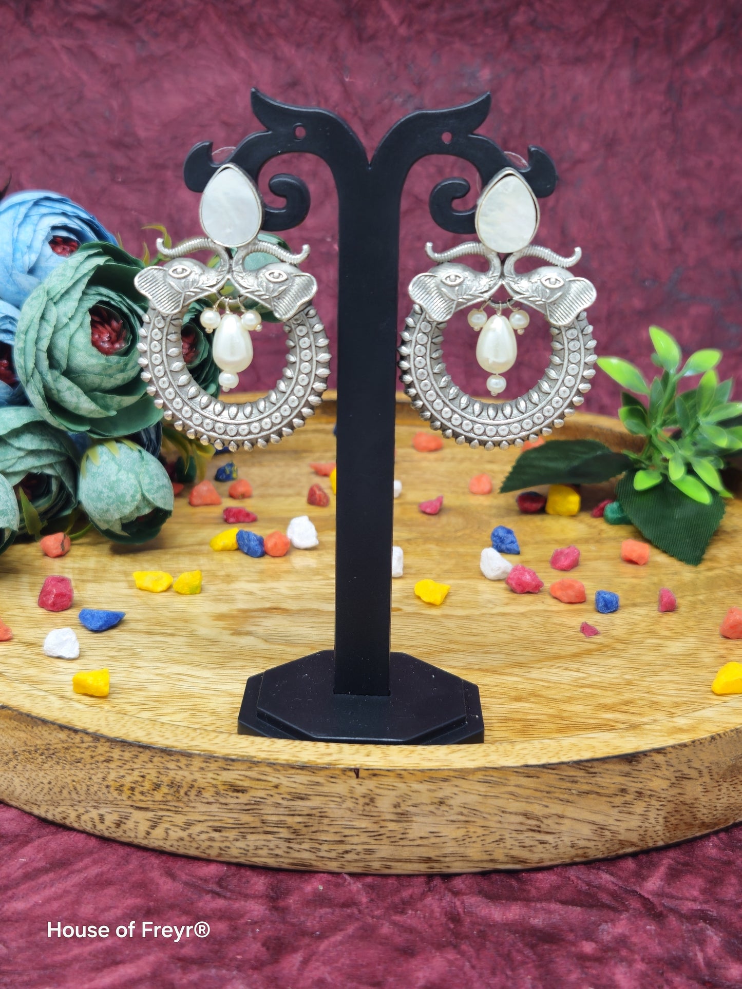 Antique Silver Elephant Motif Chandbali Earrings