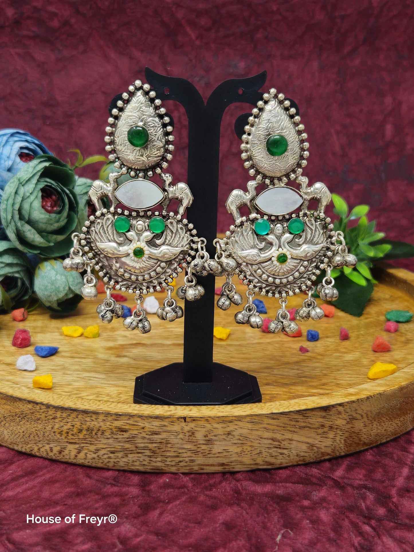 Silver Dangler Earrings with Stone and Mother of Pearls