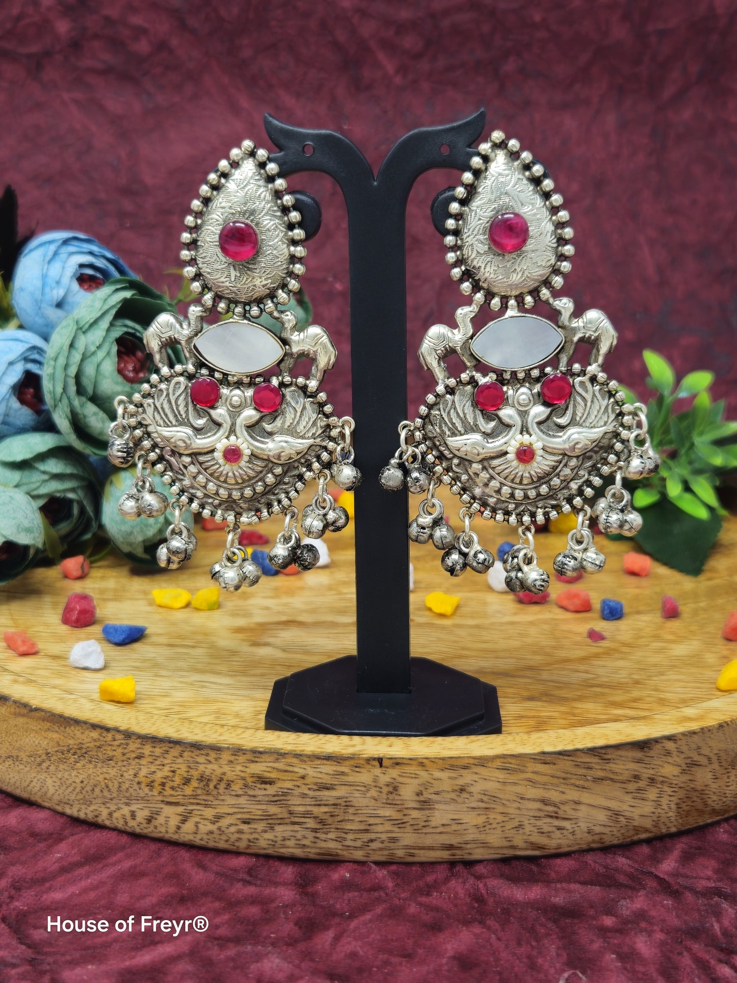 Silver Dangler Earrings with Stone and Mother of Pearls