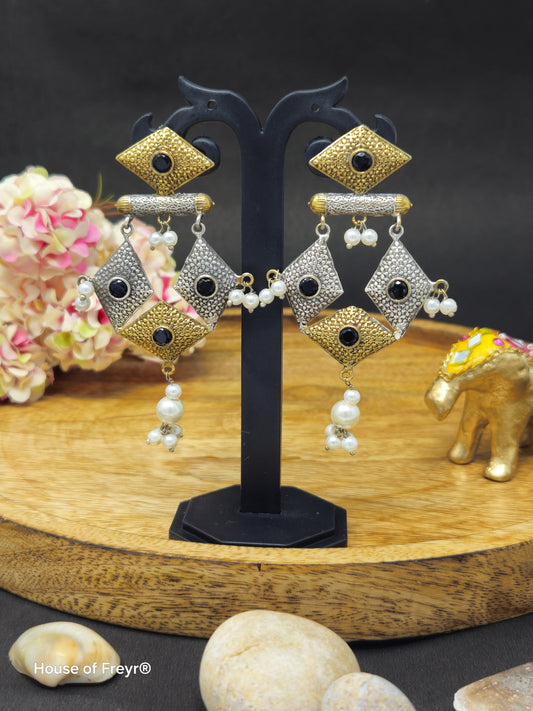 Dual-Tone Geometric Dangler Earrings