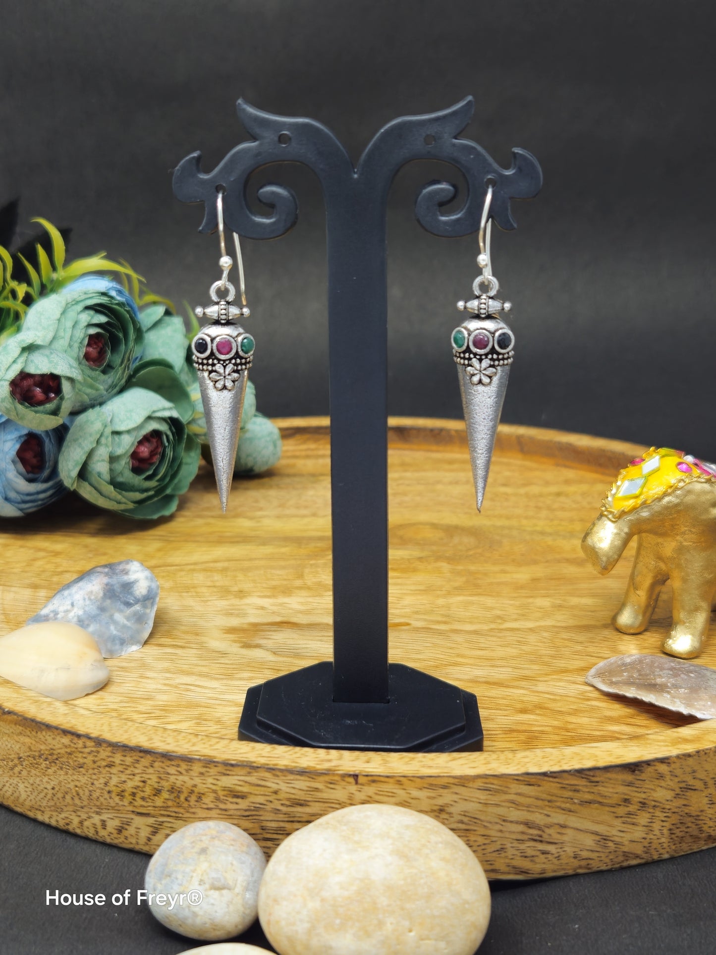 Vintage Tribal Cone-Shaped Oxidized Silver Earrings