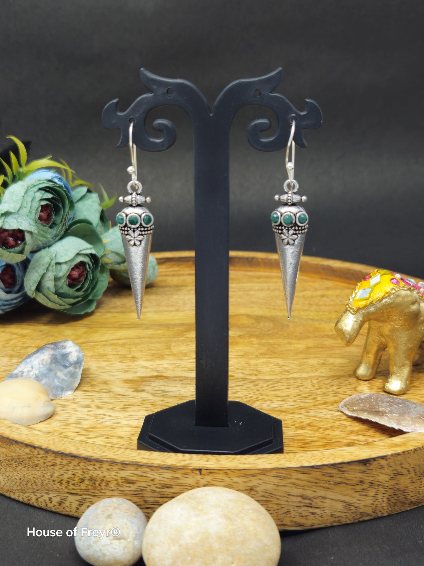 Vintage Tribal Cone-Shaped Oxidized Silver Earrings