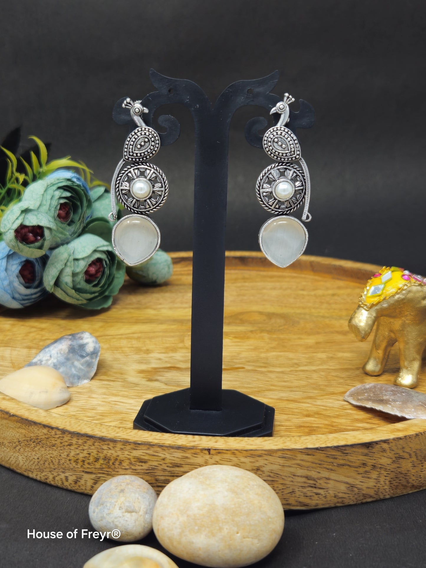 Pearl Oxidized Silver Dangler Earrings