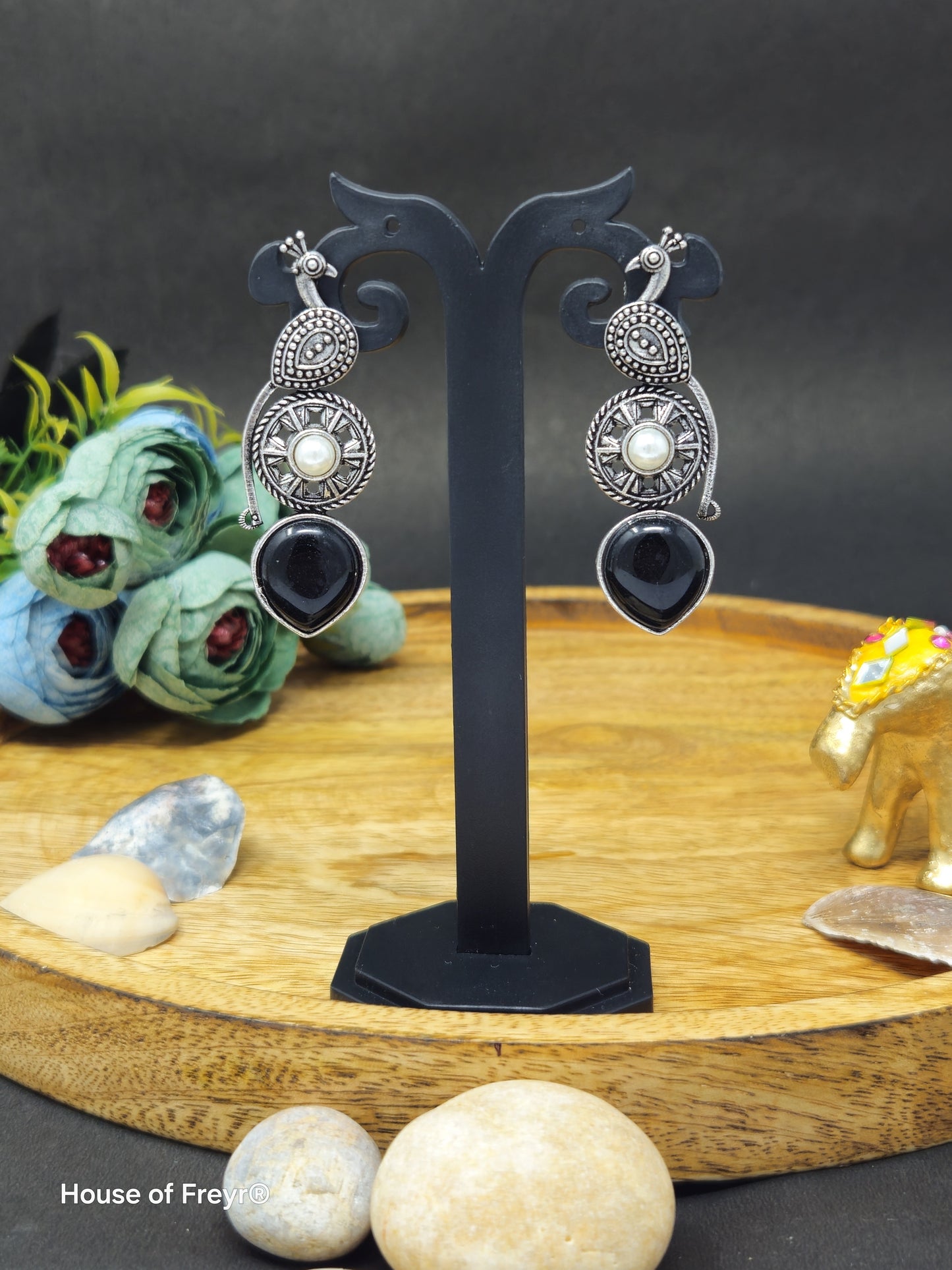 Pearl Oxidized Silver Dangler Earrings