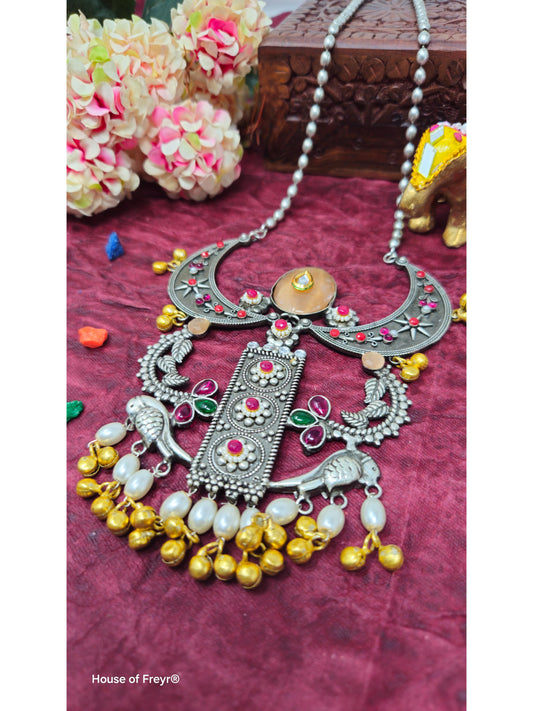Oxidized Crescent Pendant Necklace with Yellow & Pearl Tassels