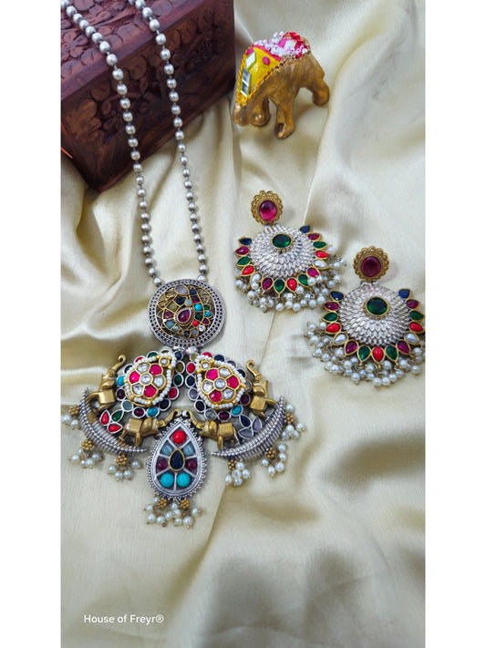 Boho Tribal Oxidized Necklace Set with Elephant Motifs & Multicolor Stones