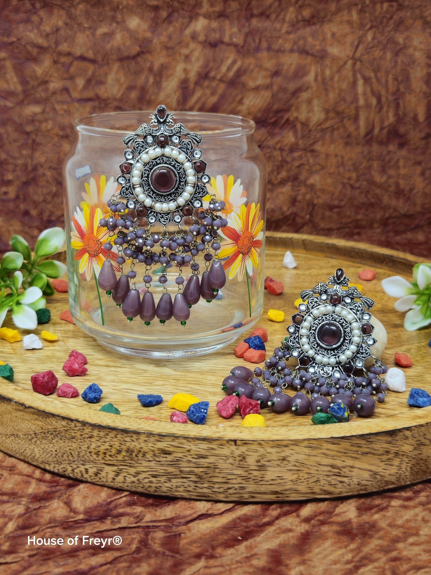 Premium Oxidised party and festival silver dangler earrings with purple colored beads and pearls 