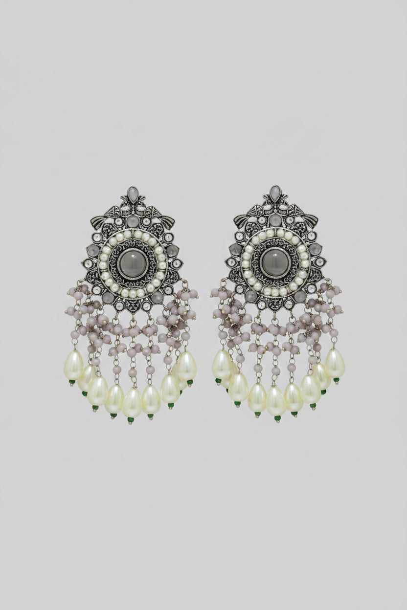 Premium Oxidised party and festival silver dangler earrings with Ivory colored beads and pearls 