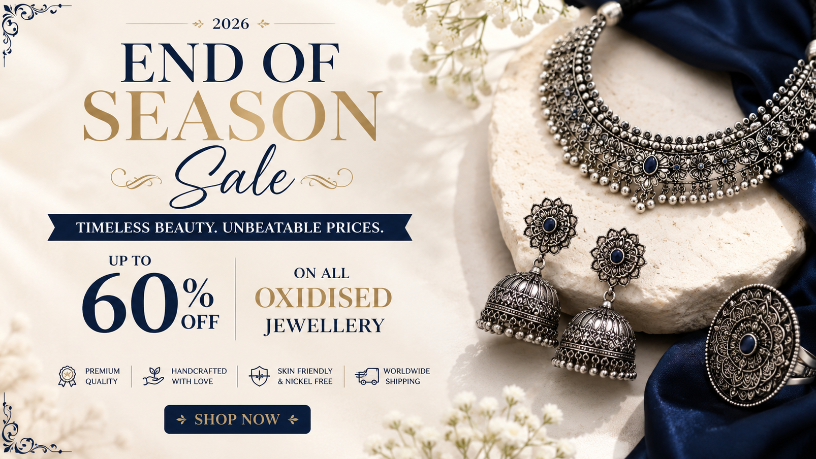 Promotional banner for end-of-season sale on oxidized jewelry with necklace, earrings, and ring.